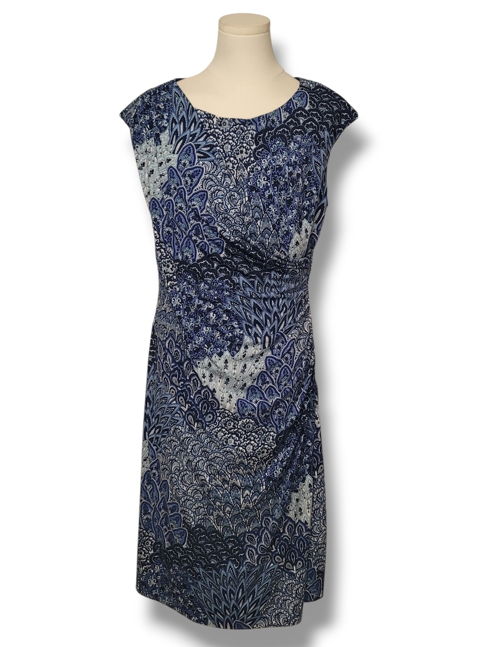 CONNECTED APPAREL - Size 14 Blue Patterned Cap Sleeve Dress